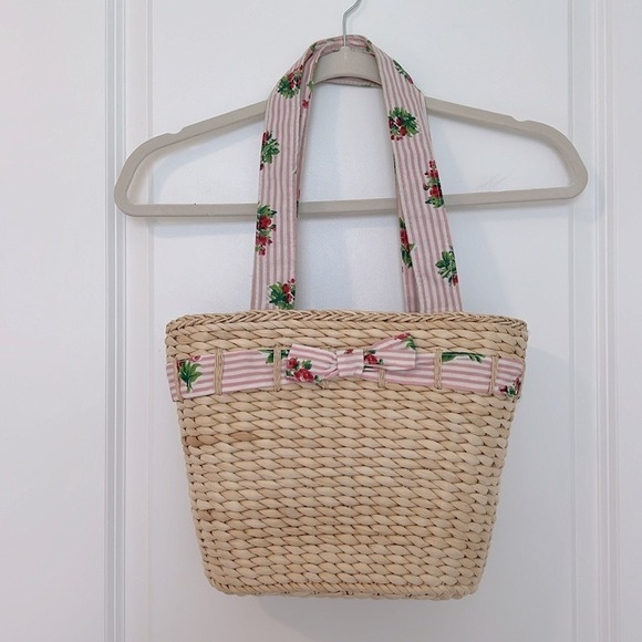 Laura Ashley Vintage Straw Tote Shoulder Bag Pink White Floral Stripe Bow Detail - Picture 3 of 17